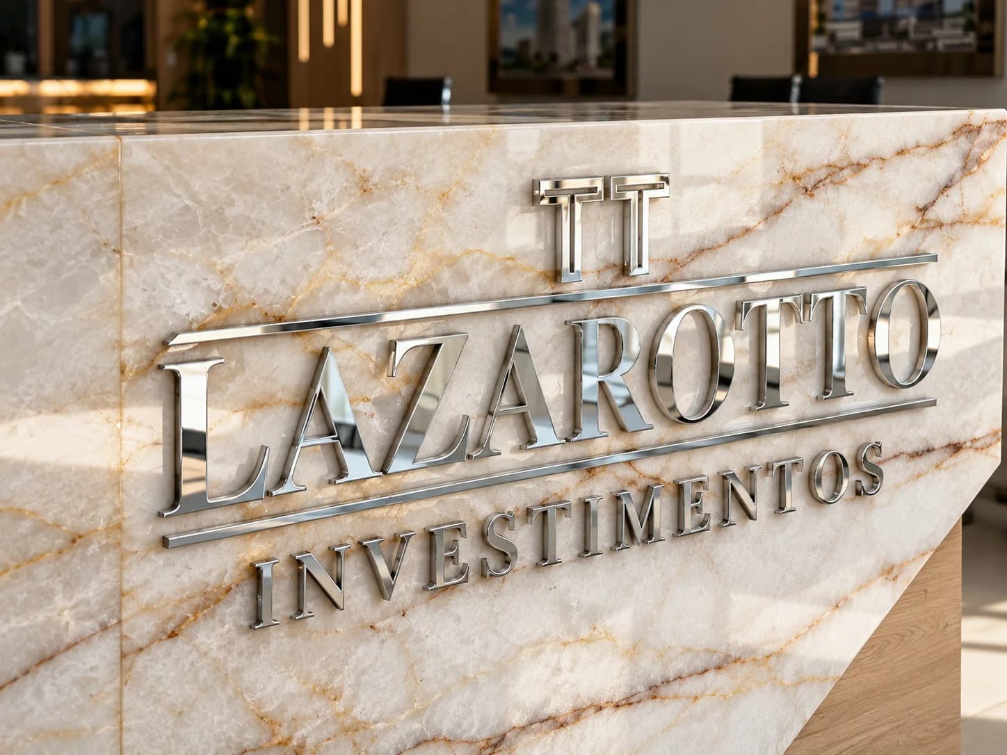 Balcão em mármore com o logotipo da Lazarotto Investimentos